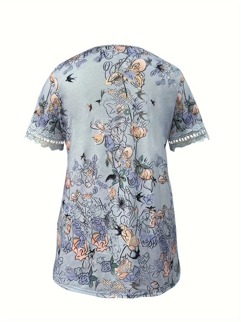 Blusa Plus Size com Estampa Floral e Detalhes em Renda Coleção 2025 G1 ao G7