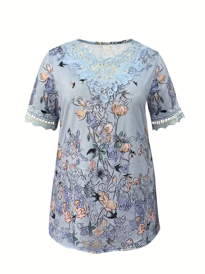 Blusa Plus Size com Estampa Floral e Detalhes em Renda Coleção 2025 G1 ao G7