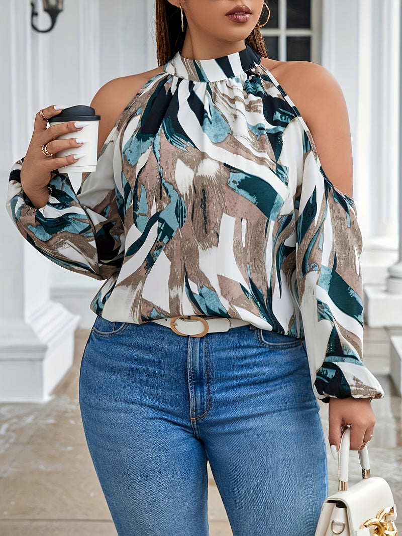 Blusa Elegante Mangas Estilo Lanterna e Estampa Abstrata Cores Vibrantes