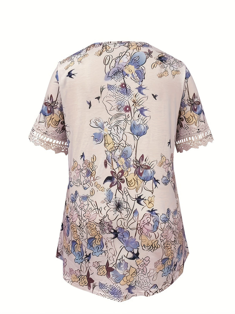 Blusa Plus Size com Estampa Floral e Detalhes em Renda Coleção 2025 G1 ao G7