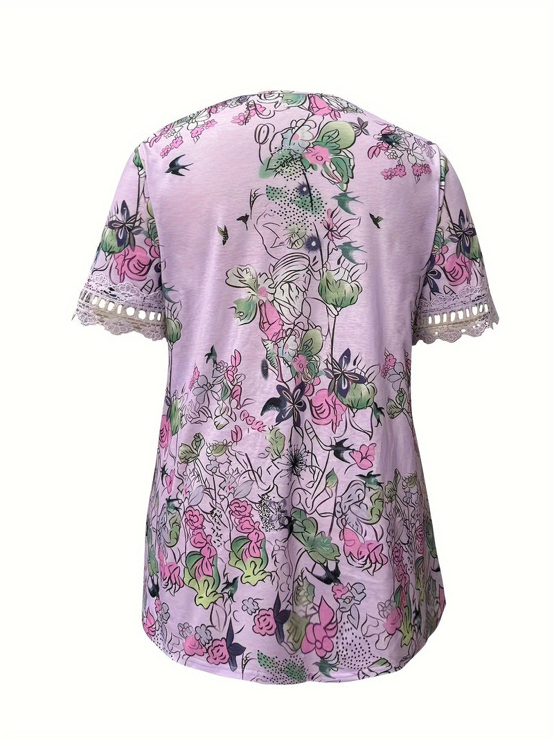 Blusa Plus Size com Estampa Floral e Detalhes em Renda Coleção 2025 G1 ao G7