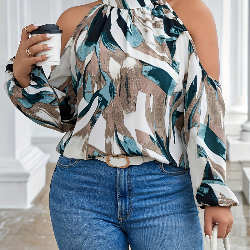 Blusa Elegante Mangas Estilo Lanterna e Estampa Abstrata Cores Vibrantes